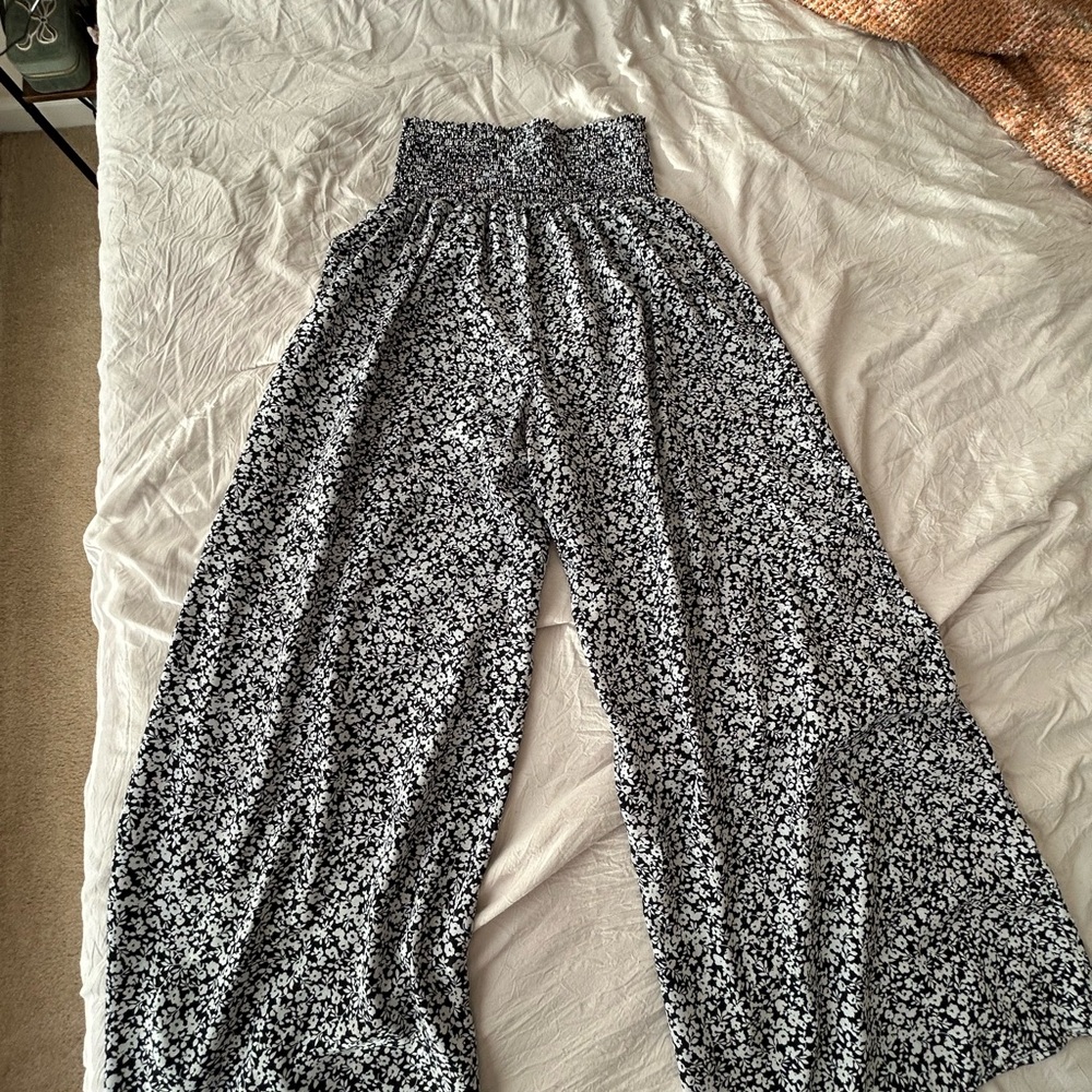 Smocked Black and White Floral Wide Leg Pants
